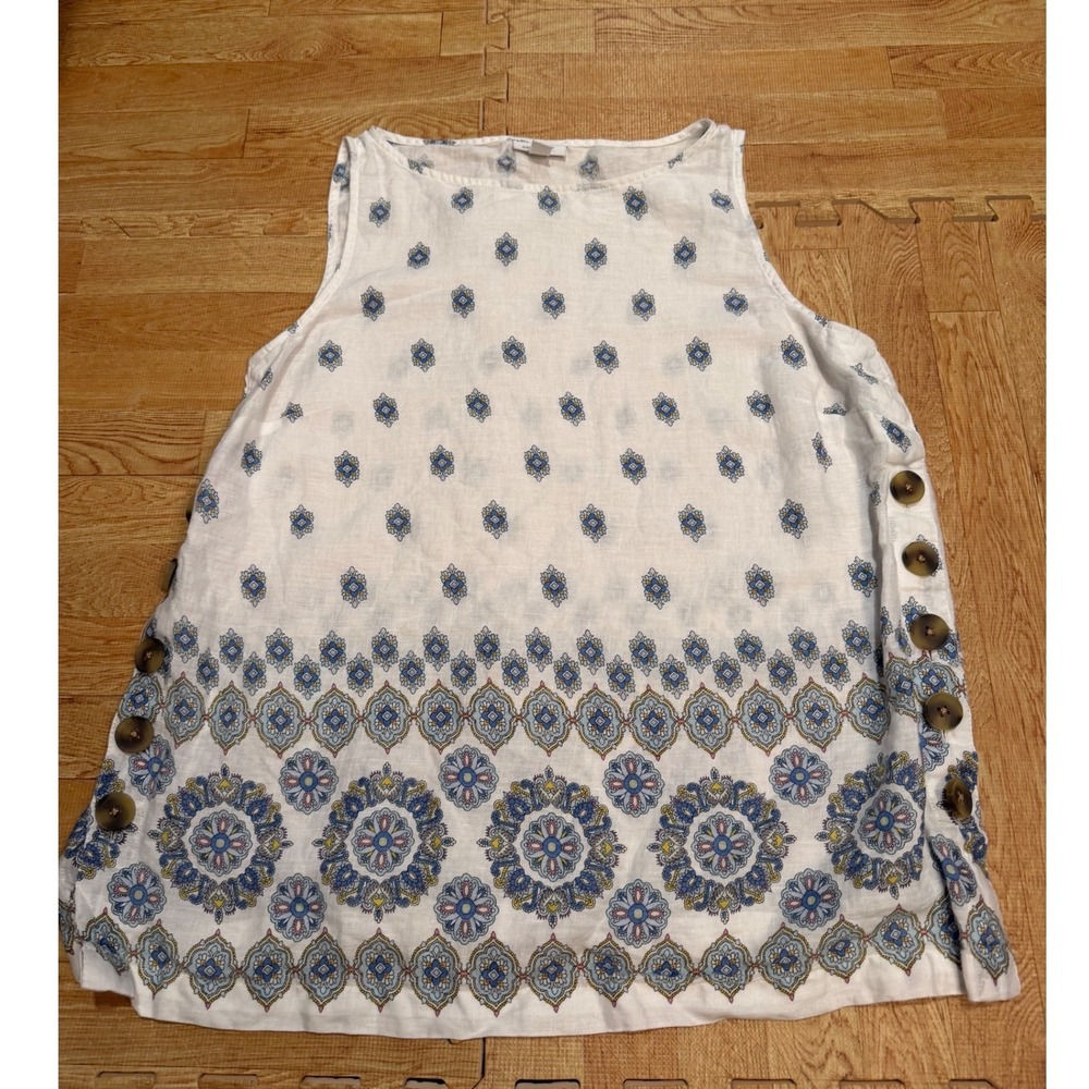 J. Jill Love Linen Blue Medallion Print Side Button Tank Top PM Petite Medium